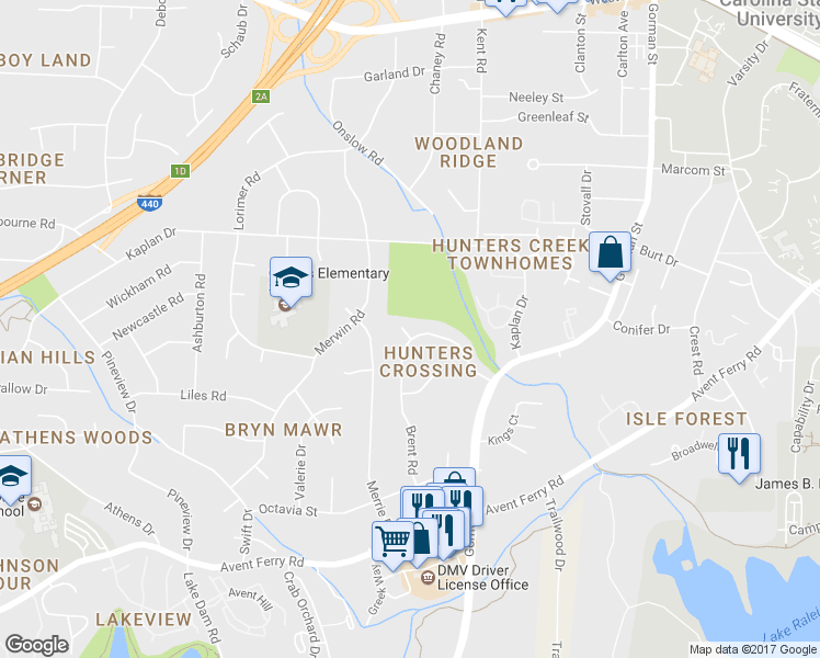 map of restaurants, bars, coffee shops, grocery stores, and more near 547 Brent Road in Raleigh