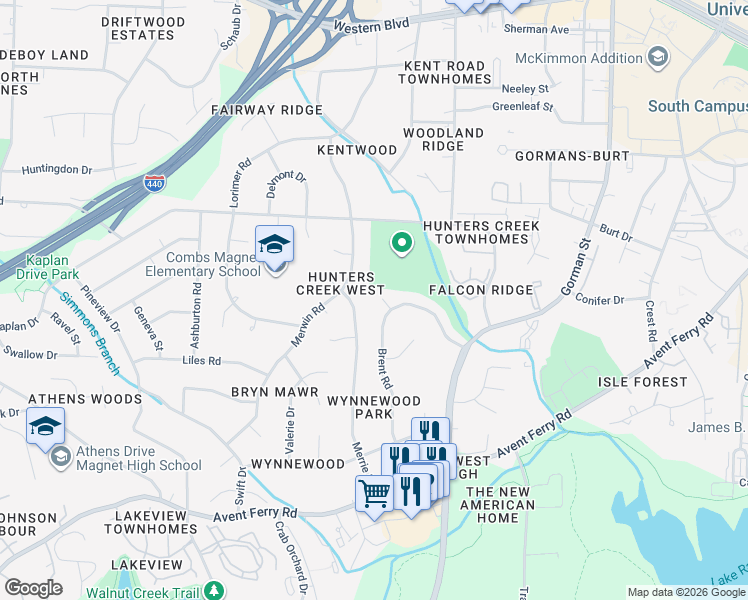 map of restaurants, bars, coffee shops, grocery stores, and more near 517 Merrie Road in Raleigh