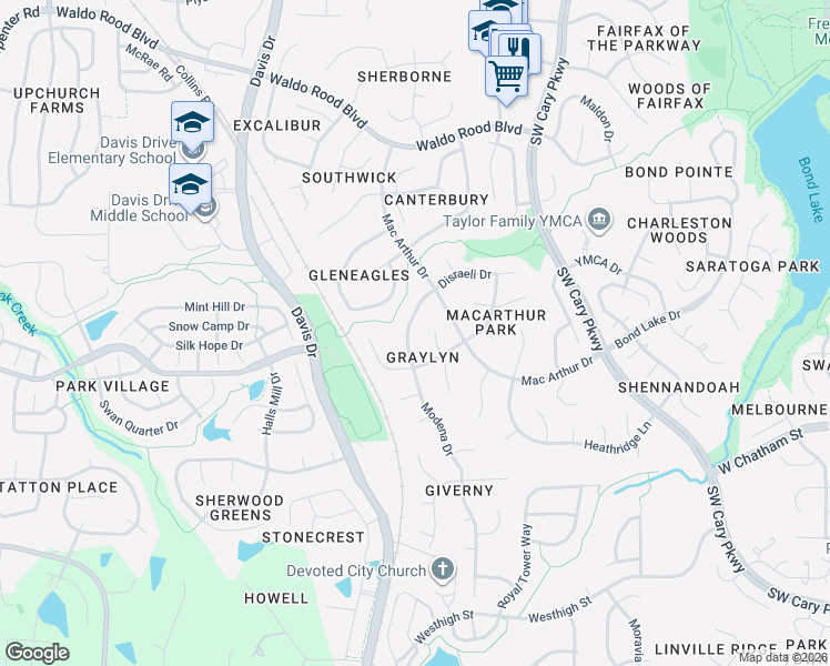 map of restaurants, bars, coffee shops, grocery stores, and more near 202 Barthel Drive in Cary
