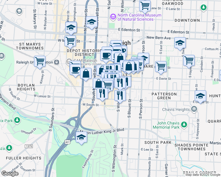 map of restaurants, bars, coffee shops, grocery stores, and more near 511 Fayetteville Street in Raleigh