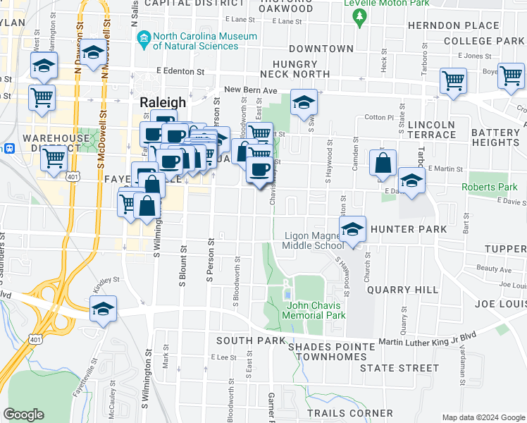 map of restaurants, bars, coffee shops, grocery stores, and more near 509 East Cabarrus Street in Raleigh