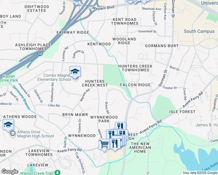 map of restaurants, bars, coffee shops, grocery stores, and more near 547 Brent Road in Raleigh