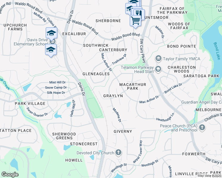 map of restaurants, bars, coffee shops, grocery stores, and more near 111 Modena Drive in Cary