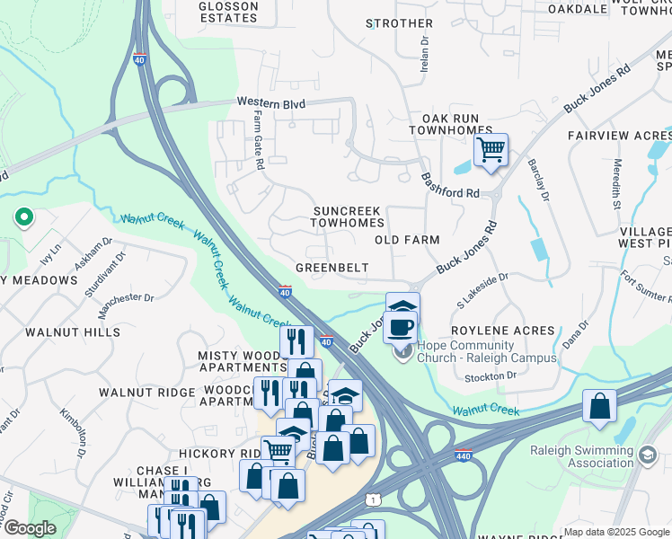 map of restaurants, bars, coffee shops, grocery stores, and more near 5940 Farm Gate Road in Raleigh