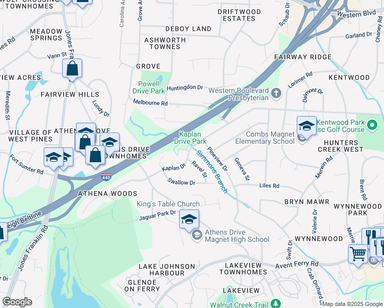 map of restaurants, bars, coffee shops, grocery stores, and more near 5217 Kaplan Drive in Raleigh