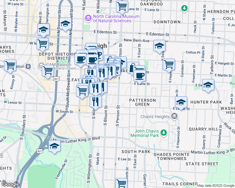 map of restaurants, bars, coffee shops, grocery stores, and more near 225 East Cabarrus Street in Raleigh
