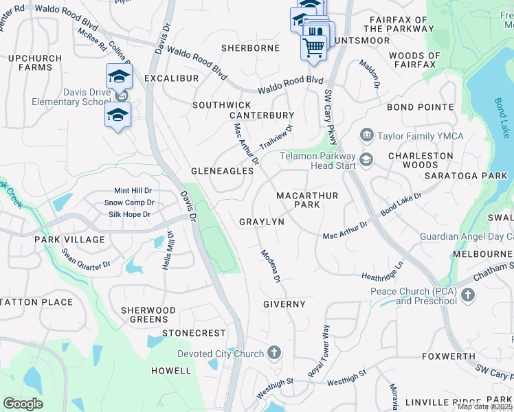 map of restaurants, bars, coffee shops, grocery stores, and more near 111 Modena Drive in Cary