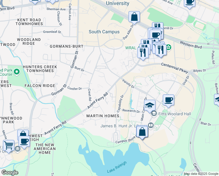 map of restaurants, bars, coffee shops, grocery stores, and more near 2514 Avent Ferry Road in Raleigh