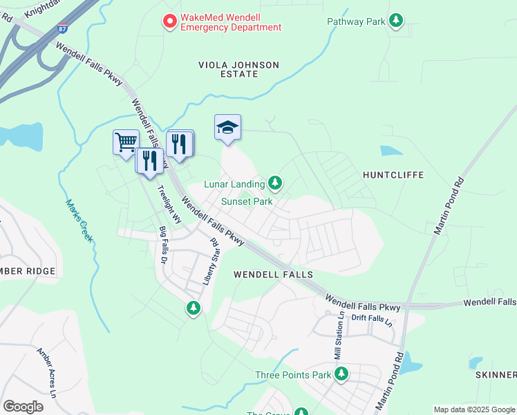 map of restaurants, bars, coffee shops, grocery stores, and more near 201 Hidden Shadow Lane in Wendell