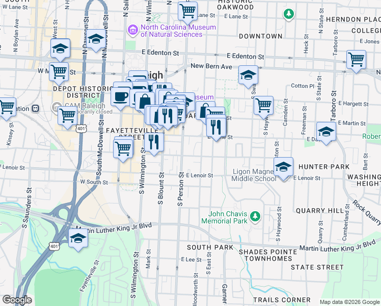 map of restaurants, bars, coffee shops, grocery stores, and more near 310 East Davie Street in Raleigh