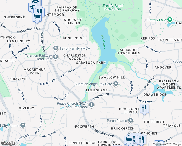 map of restaurants, bars, coffee shops, grocery stores, and more near 119 White Sands Drive in Cary