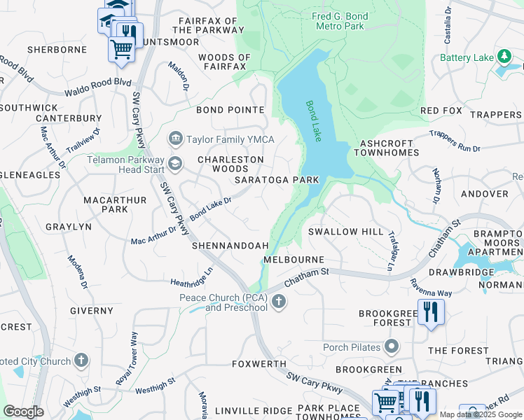 map of restaurants, bars, coffee shops, grocery stores, and more near 118 White Sands Drive in Cary