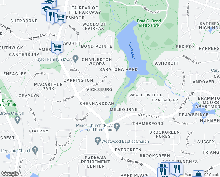 map of restaurants, bars, coffee shops, grocery stores, and more near 118 White Sands Drive in Cary
