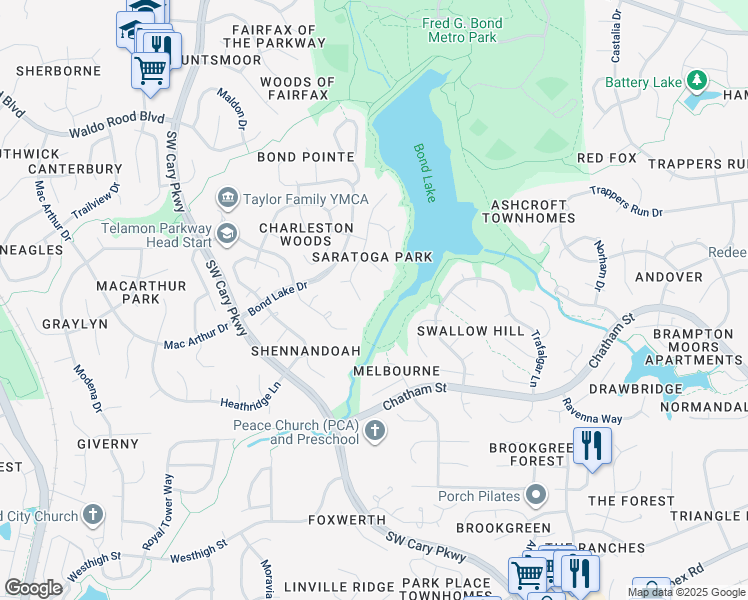map of restaurants, bars, coffee shops, grocery stores, and more near 119 White Sands Drive in Cary