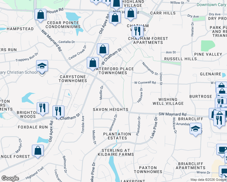 map of restaurants, bars, coffee shops, grocery stores, and more near 112 Greengate Court in Cary