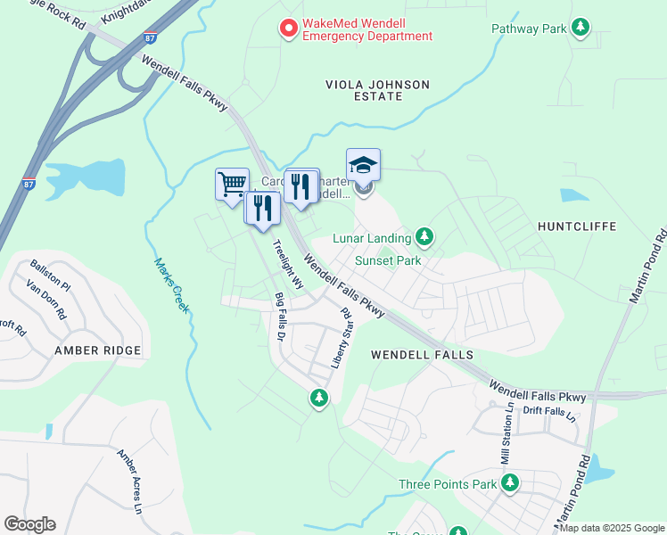 map of restaurants, bars, coffee shops, grocery stores, and more near 296 Douglas Falls Drive in Wendell