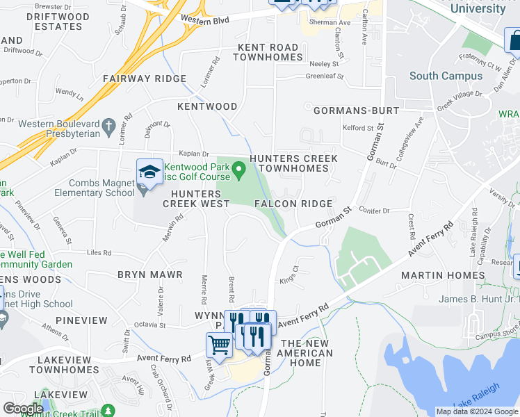 map of restaurants, bars, coffee shops, grocery stores, and more near 528 Brent Road in Raleigh