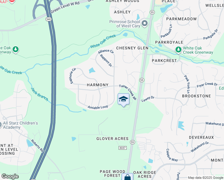 map of restaurants, bars, coffee shops, grocery stores, and more near 104 Amiable Loop in Cary