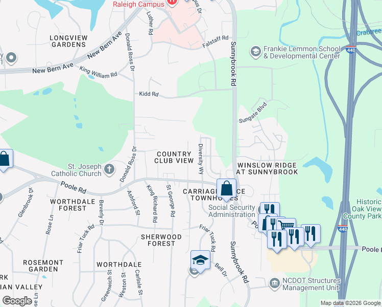 map of restaurants, bars, coffee shops, grocery stores, and more near 601 Rawls Drive in Raleigh