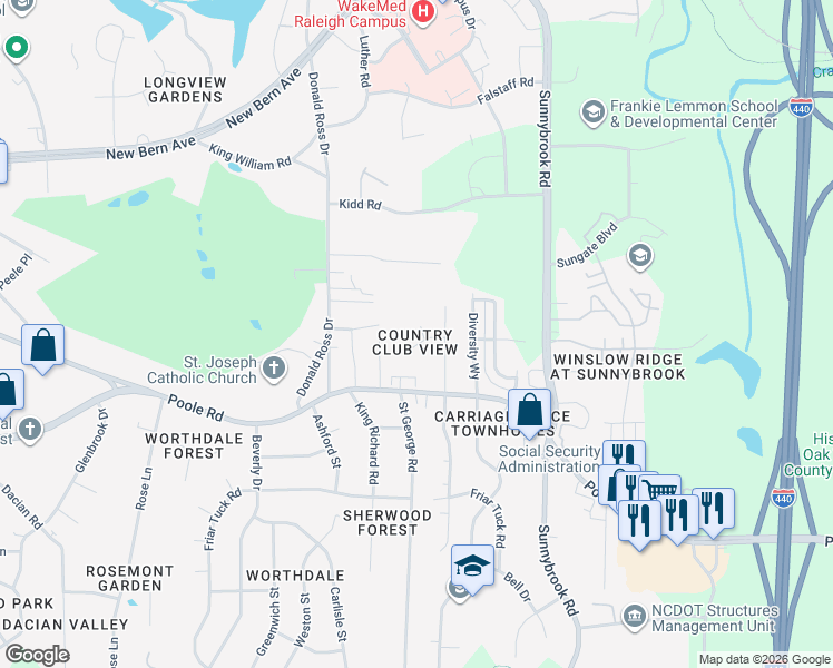 map of restaurants, bars, coffee shops, grocery stores, and more near 600 Rawls Drive in Raleigh