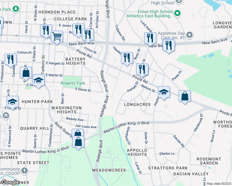 map of restaurants, bars, coffee shops, grocery stores, and more near 317 Angier Avenue in Raleigh