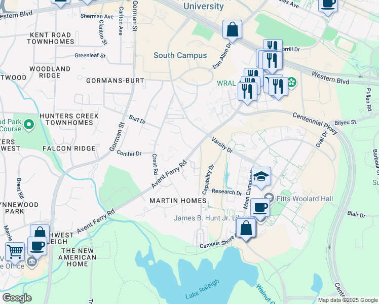 map of restaurants, bars, coffee shops, grocery stores, and more near 3504 Ivy Commons Drive in Raleigh
