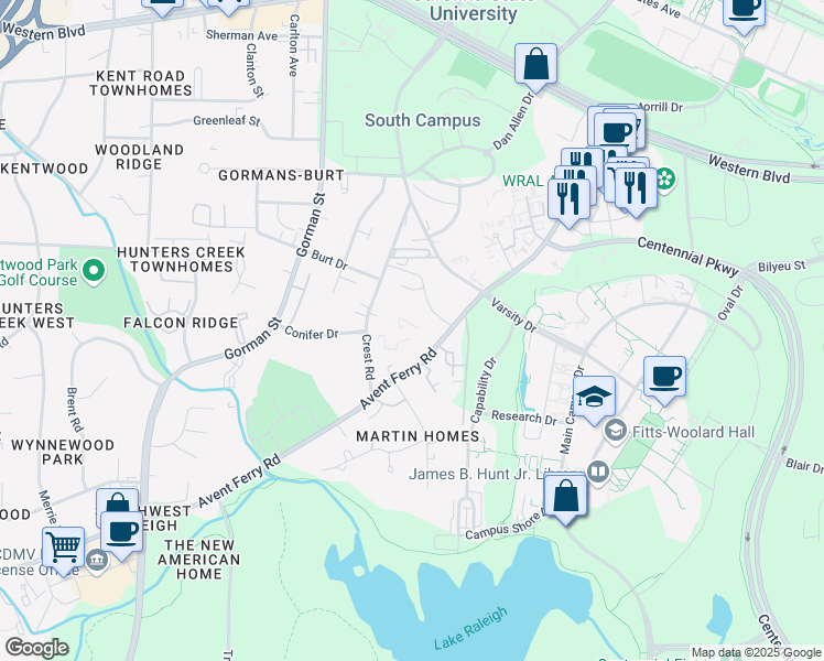 map of restaurants, bars, coffee shops, grocery stores, and more near 2510 Avent Ferry Road in Raleigh