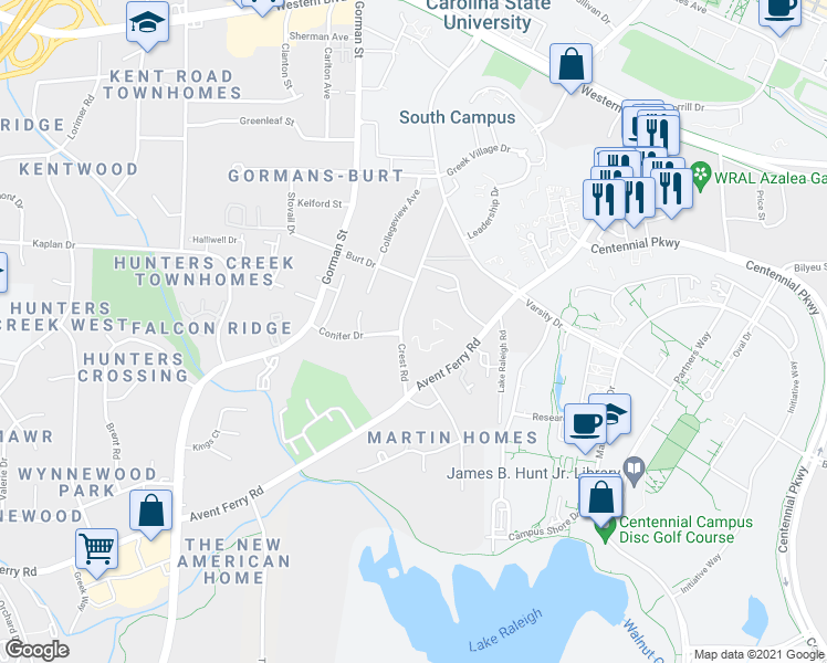 map of restaurants, bars, coffee shops, grocery stores, and more near 1626 Crest Road in Raleigh