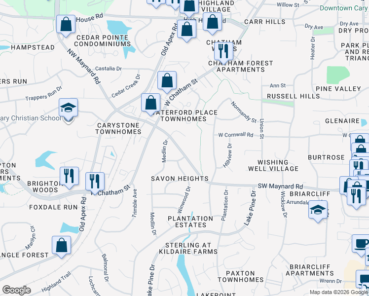 map of restaurants, bars, coffee shops, grocery stores, and more near 112 Greengate Court in Cary