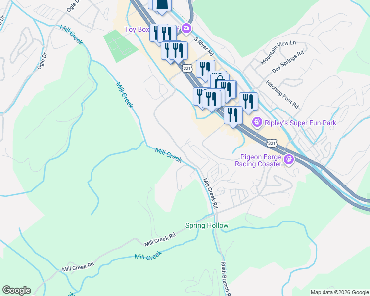 map of restaurants, bars, coffee shops, grocery stores, and more near 249 Mill View Drive in Pigeon Forge