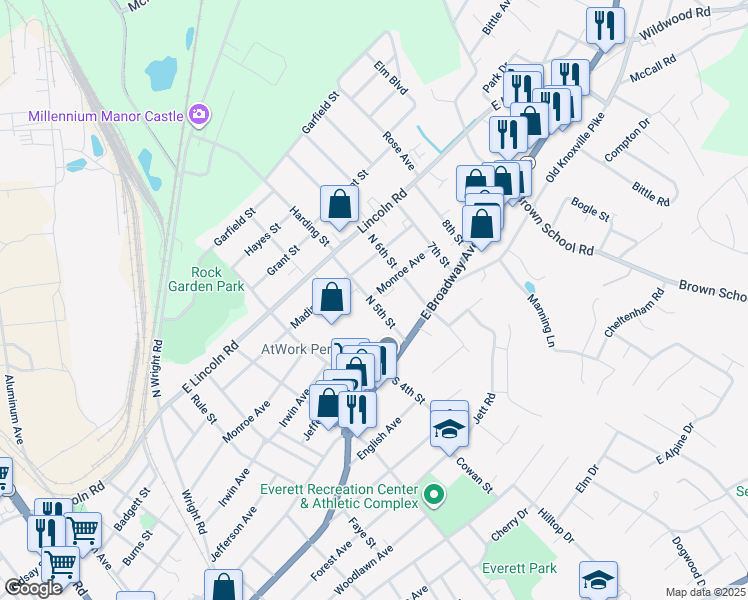 map of restaurants, bars, coffee shops, grocery stores, and more near 1803 Monroe Avenue in Maryville