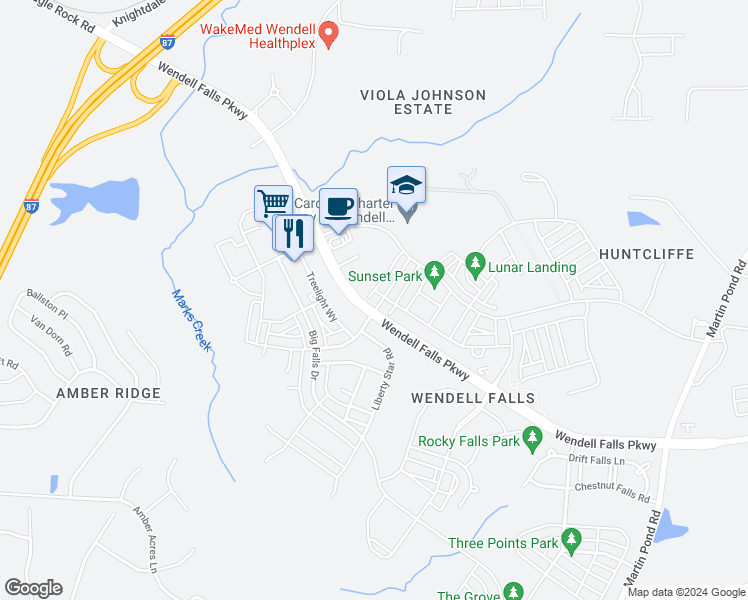 map of restaurants, bars, coffee shops, grocery stores, and more near 296 Douglas Falls Drive in Wendell