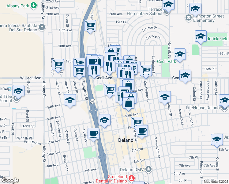map of restaurants, bars, coffee shops, grocery stores, and more near 1407 High Street in Delano