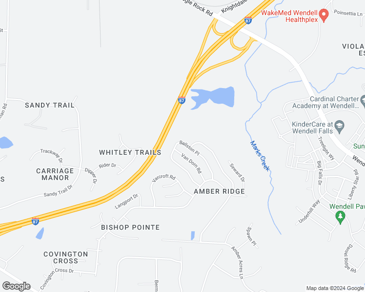 map of restaurants, bars, coffee shops, grocery stores, and more near 2109 Ballston Place in Knightdale