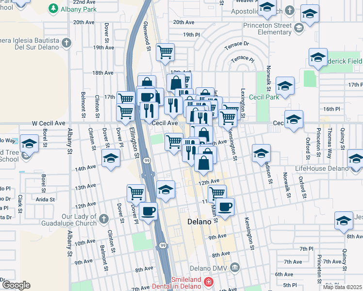 map of restaurants, bars, coffee shops, grocery stores, and more near 1435 High Street in Delano