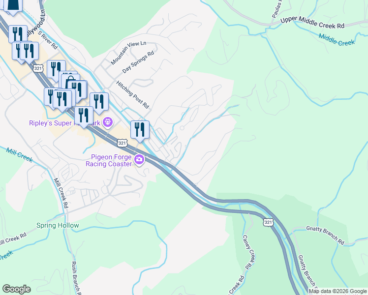 map of restaurants, bars, coffee shops, grocery stores, and more near 202 Spring Valley Road in Sevierville