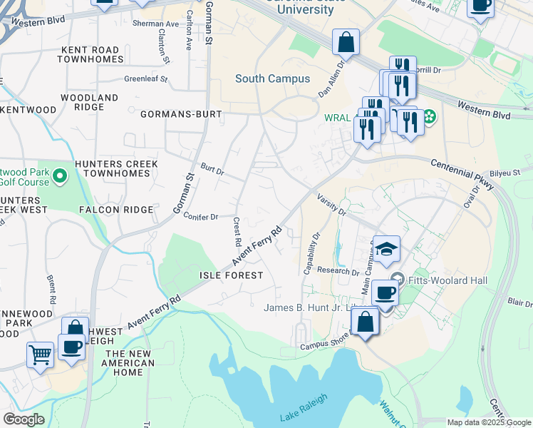 map of restaurants, bars, coffee shops, grocery stores, and more near 2510 Avent Ferry Road in Raleigh