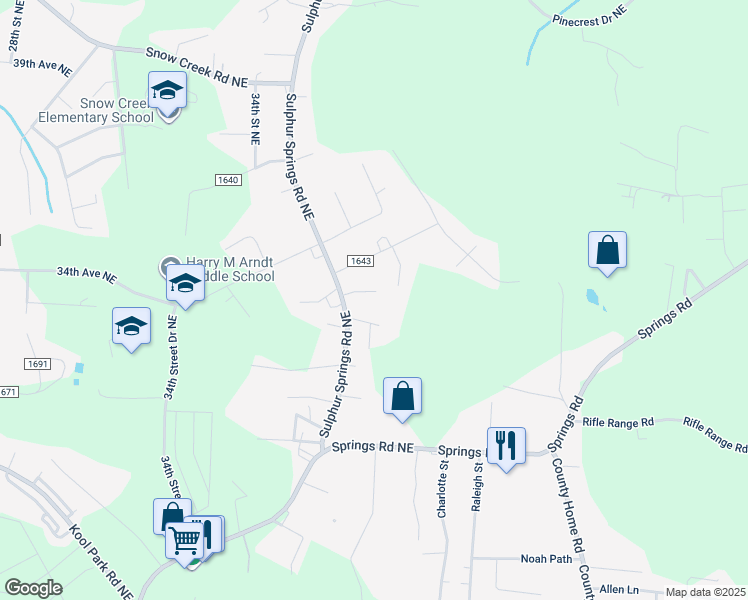 map of restaurants, bars, coffee shops, grocery stores, and more near 3640 33rd Avenue Place Northeast in Hickory