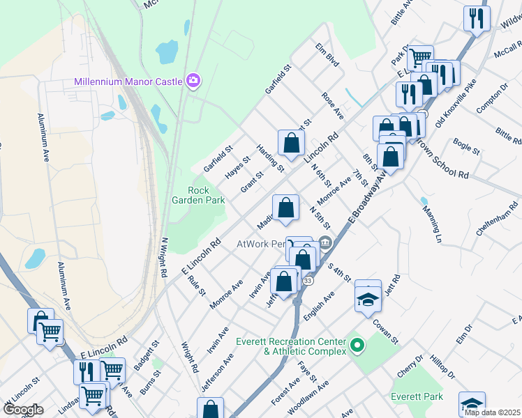 map of restaurants, bars, coffee shops, grocery stores, and more near 649 East Lincoln Road in Alcoa