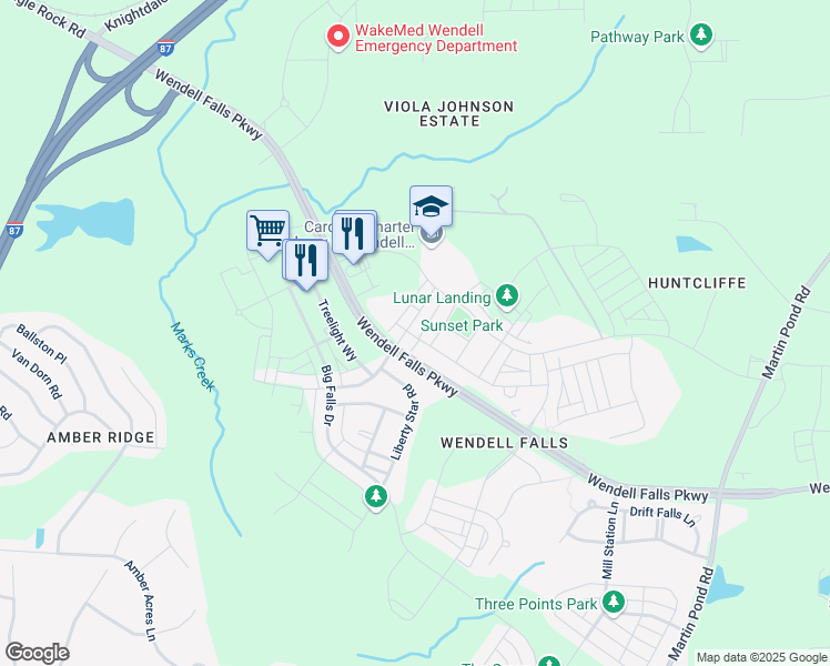 map of restaurants, bars, coffee shops, grocery stores, and more near 244 Douglas Falls Drive in Wendell