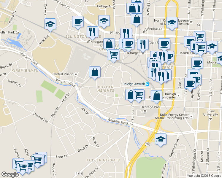 map of restaurants, bars, coffee shops, grocery stores, and more near 502 S Boylan Ave in Raleigh