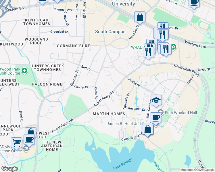 map of restaurants, bars, coffee shops, grocery stores, and more near 2510 Avent Ferry Road in Raleigh