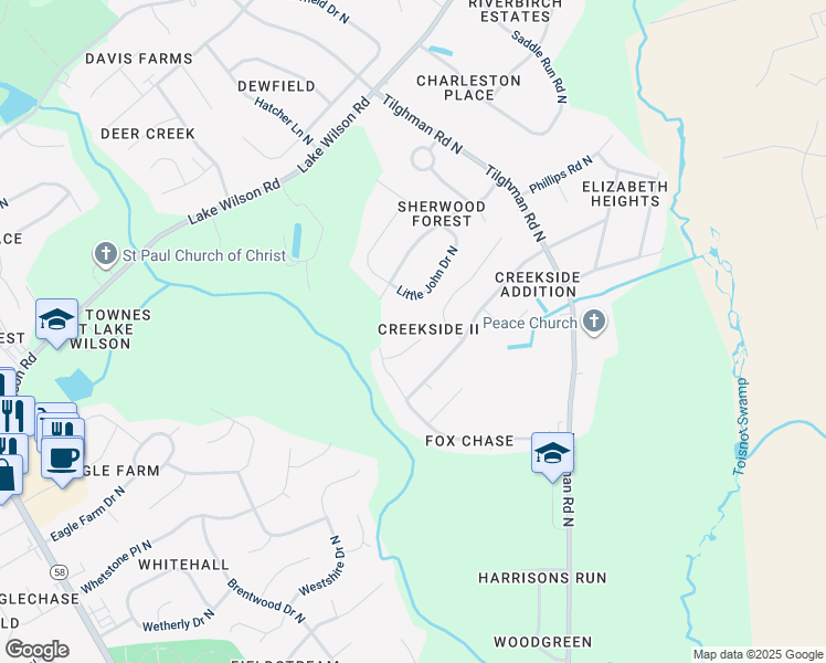 map of restaurants, bars, coffee shops, grocery stores, and more near 3709 Marion Court North in Wilson