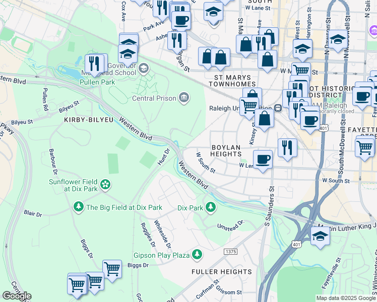 map of restaurants, bars, coffee shops, grocery stores, and more near 1105 W Cabarrus St in Raleigh