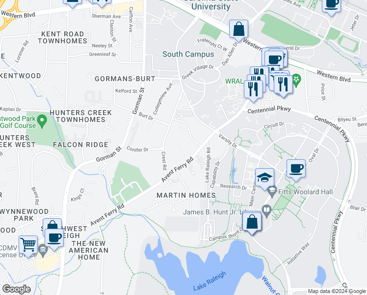 map of restaurants, bars, coffee shops, grocery stores, and more near 2514 Avent Ferry Road in Raleigh