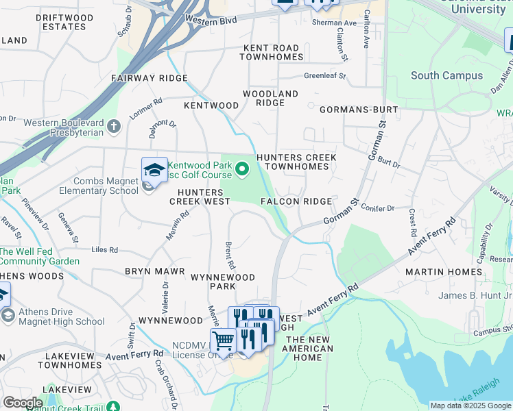 map of restaurants, bars, coffee shops, grocery stores, and more near 536 Brent Road in Raleigh