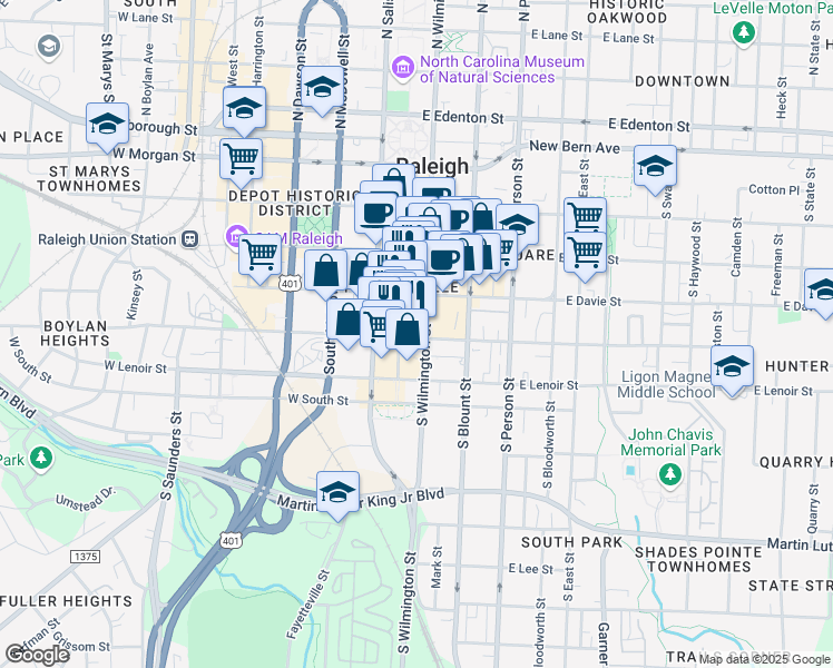 map of restaurants, bars, coffee shops, grocery stores, and more near 421 Fayetteville Street in Raleigh