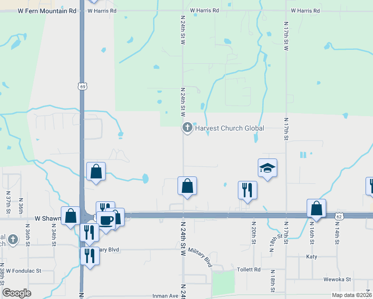 map of restaurants, bars, coffee shops, grocery stores, and more near 2220 North 24th Street West in Muskogee