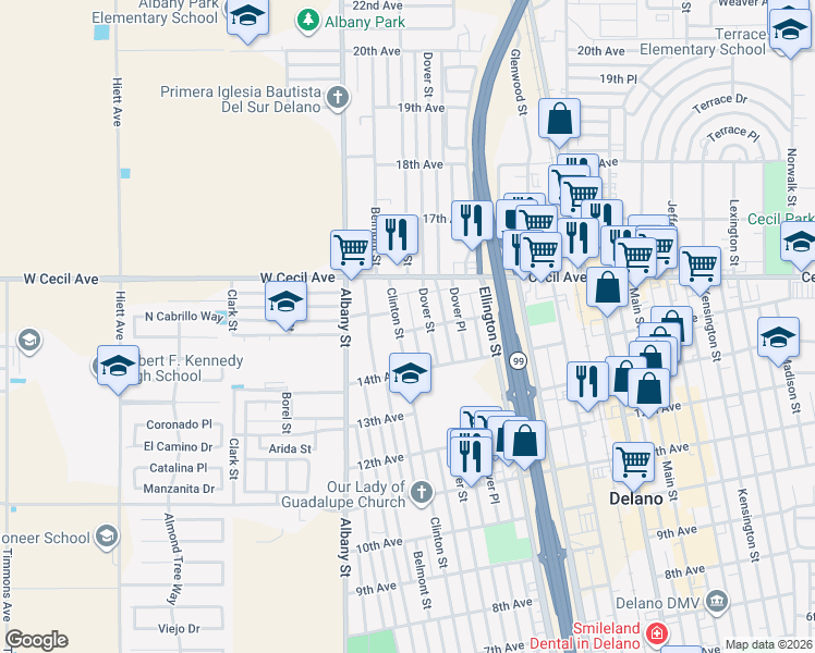 map of restaurants, bars, coffee shops, grocery stores, and more near 1518 Clinton Street in Delano