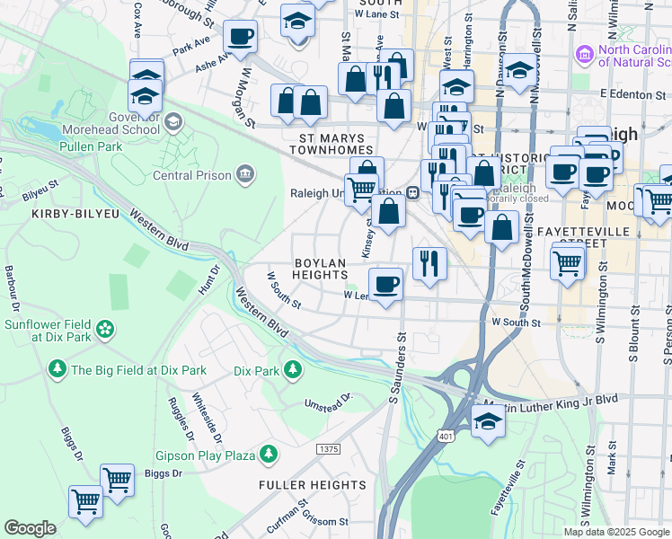 map of restaurants, bars, coffee shops, grocery stores, and more near 502 S Boylan Ave in Raleigh